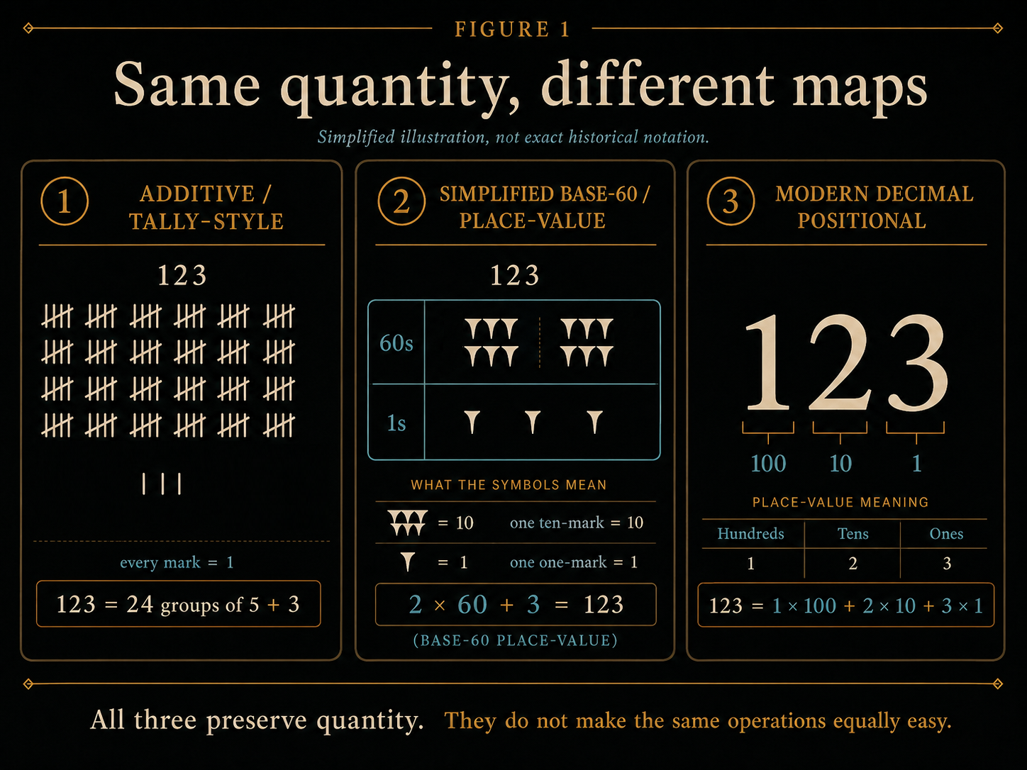 Three-panel infographic comparing the same quantity represented as additive tally-style marks, simplified base-60 place-value grouping, and modern decimal positional notation.